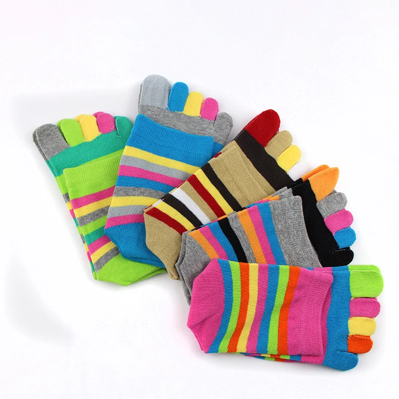 1/5 Pairs Women Rainbow Striped Five Toe Socks Cotton Colorful Multi Stripe Split Toe Crew Socks Casual Soft Separate Toe Socks