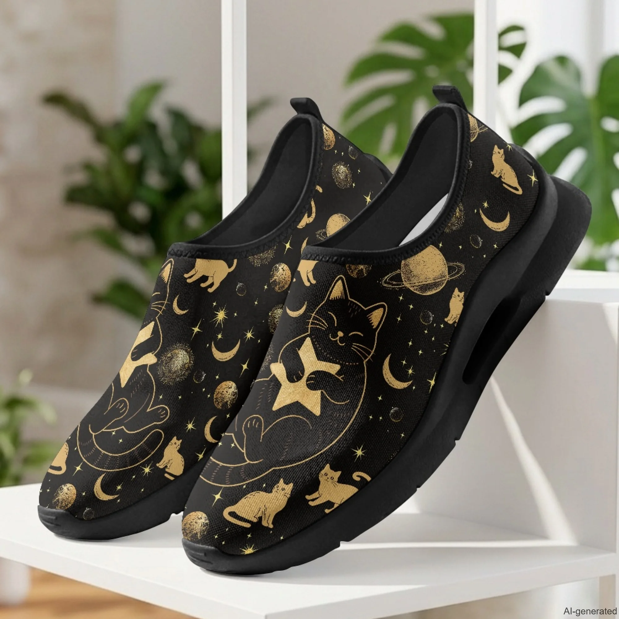 XIXIRIMIDO Mens Casual Shoes Slip On Walking Sneakers Women Gym Workout Shoes Black Cat Print Breathable Mesh Shoes 35-48