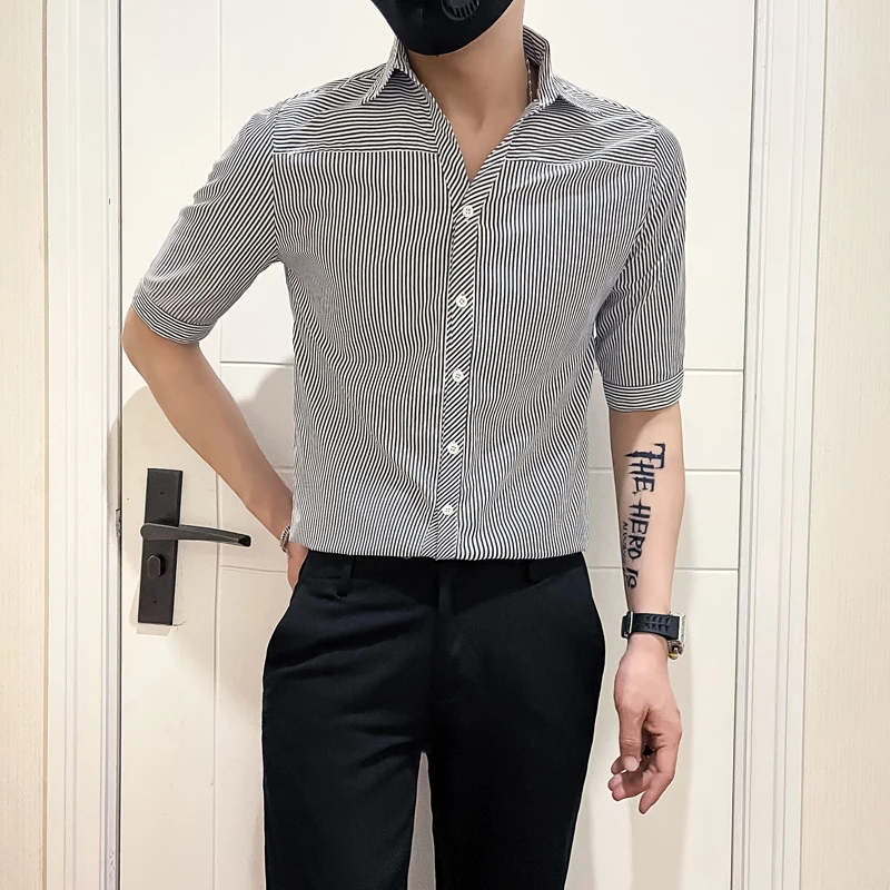 

New Trendy Patchwork Striped Printed Men's Shirt Business Casual Slim Fit Half Sleeved Men Shirts Summer Korean Style Blouse Man