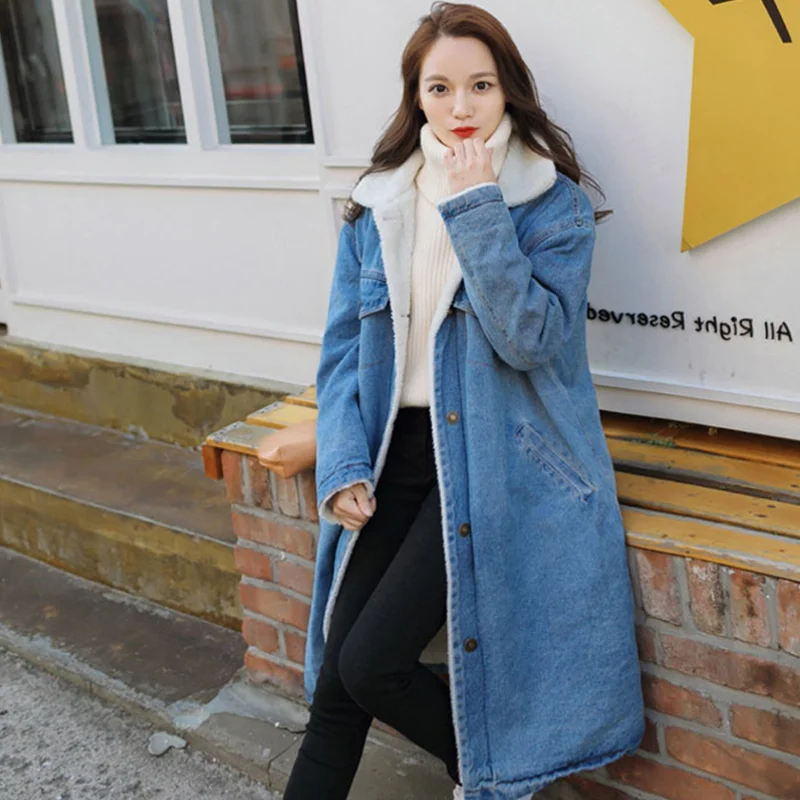 2023 New Fashion Womens Femmes Long Coats Denim Overcoat Single Breasted Warm Fur Lining Loose Fit BF Style Female Top