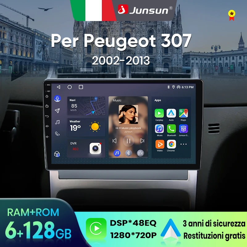 Junsun für Peugeot 307 2002-2013 9 Zoll 4GB 64GB Android 13 Autoradio GPS Navigation Carplay DSP Bluetooth FM Lenkradbedienung Unterstützung USB AUX Eingang Rückfahrkamera Bereit 1080P Video Split