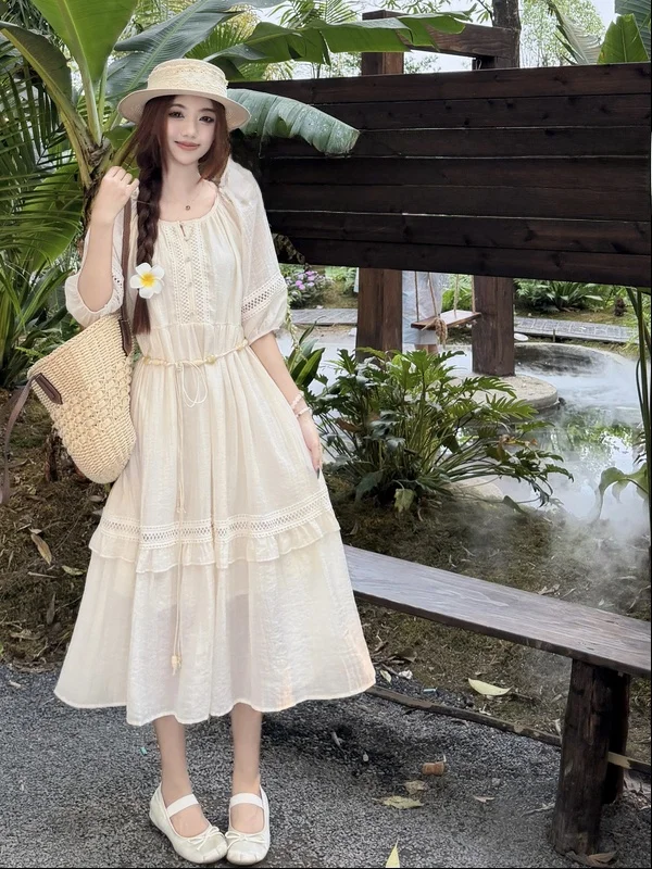 

Summer 2026 plus Size Women's Dress Gentle Wind White Chiffon A-Line Midi Skirt Slimming Effect French Style Short Sleeve