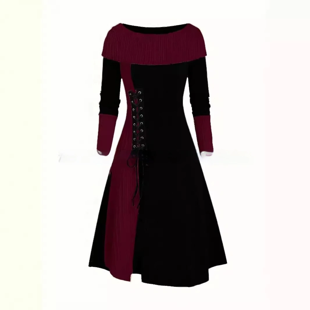 Spring and Autumn Women's New Color Blocking Splicing Outdoor Universal Unique Design with Elastic Waist Cinching Dress