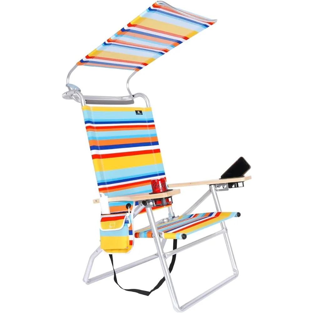 

Deluxe 4 Reclining Positions Lightweight High Aluminum Beach Chair, with Canopy Shade for Adults, Drink Holder, Storage Pouch