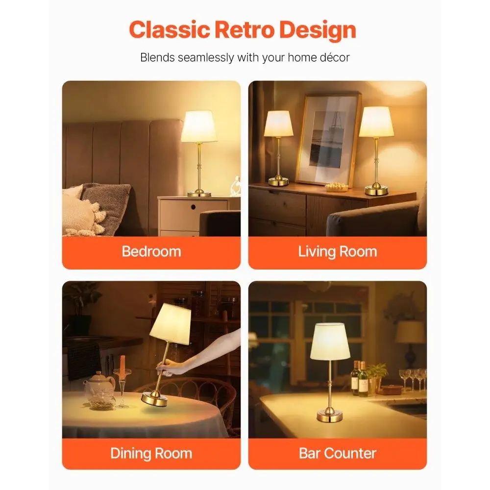 Cordless Rechargeable Table Lamp Set with Fabric Shade Gold Finish for Home Office Bedroom Decor