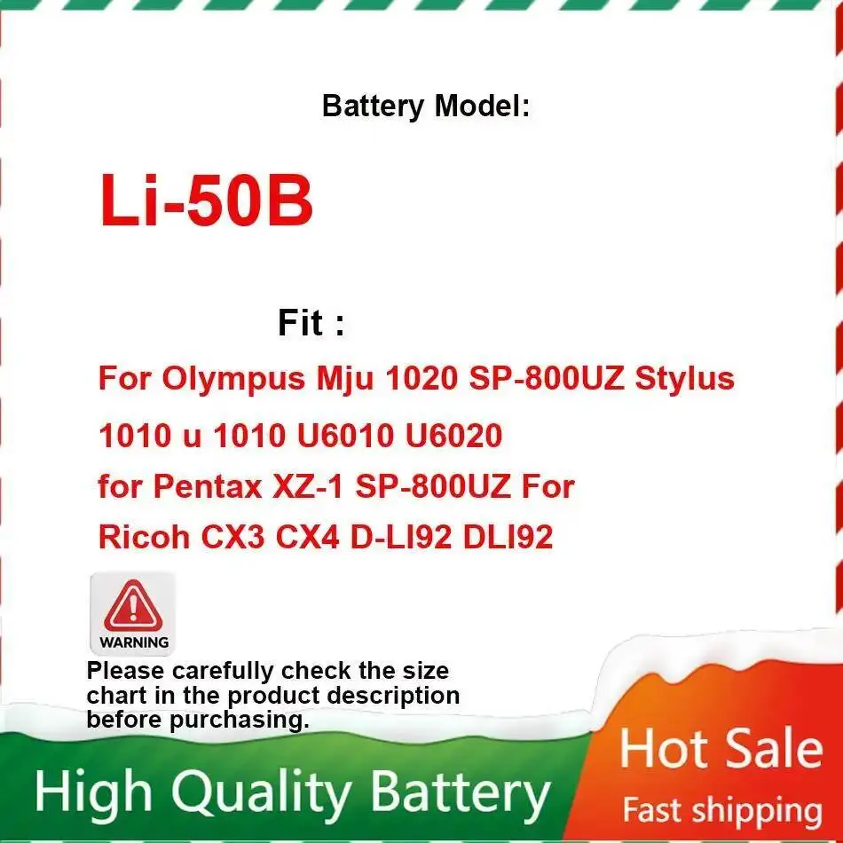 Li-50B 1800mAh Battery for Olympus Mju 1020 SP-800UZ Stylus 1010 U 1010 for Ricoh CX3 CX4 D-LI92 Portable Mobile Phone Batteries