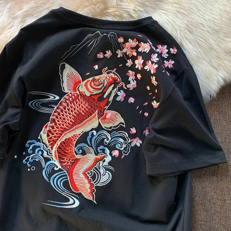 New Summer Aesthetic Vintage Carp Fish Embroidery T Shirts White Cotton Y2k Tops Luxury Street Woman Tshirts O-neck Loose Casual