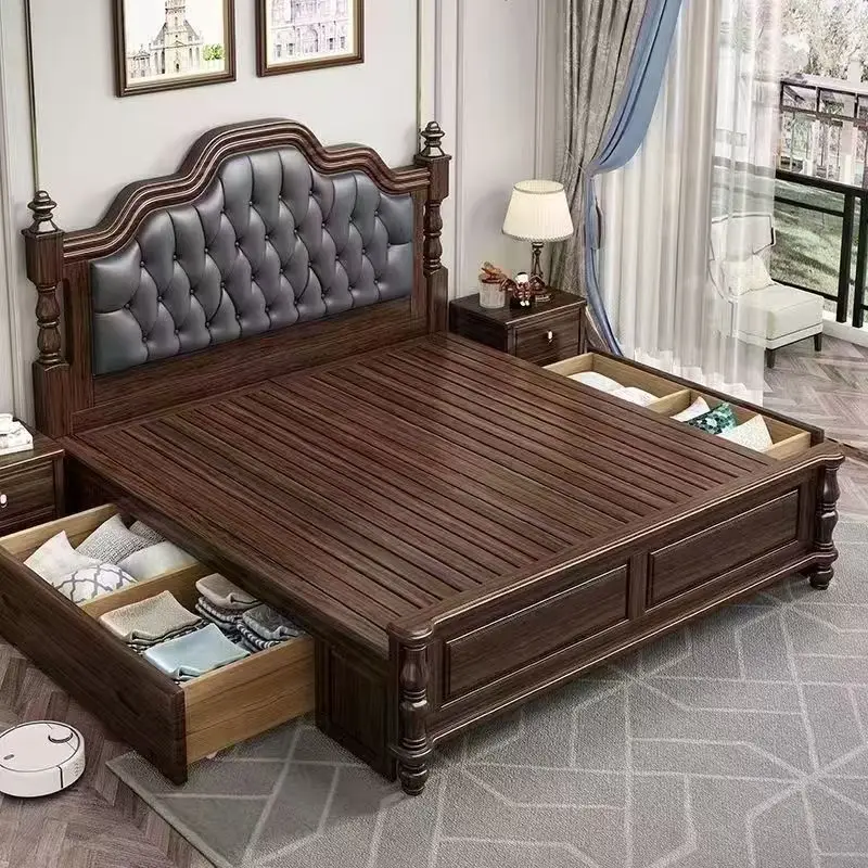 &*Mid Century Large Size Luxury Bed Designs Hand Carved Latest Wood Bed American King Size Queen Size Bed