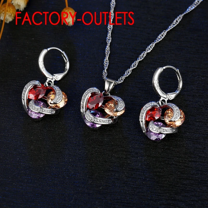 Real 925 Sterling Silver Fashion Jewelry Set For Women Girl Pendent Necklace Hoop Earrings CZ Cubic Zircoina Anniversary Party