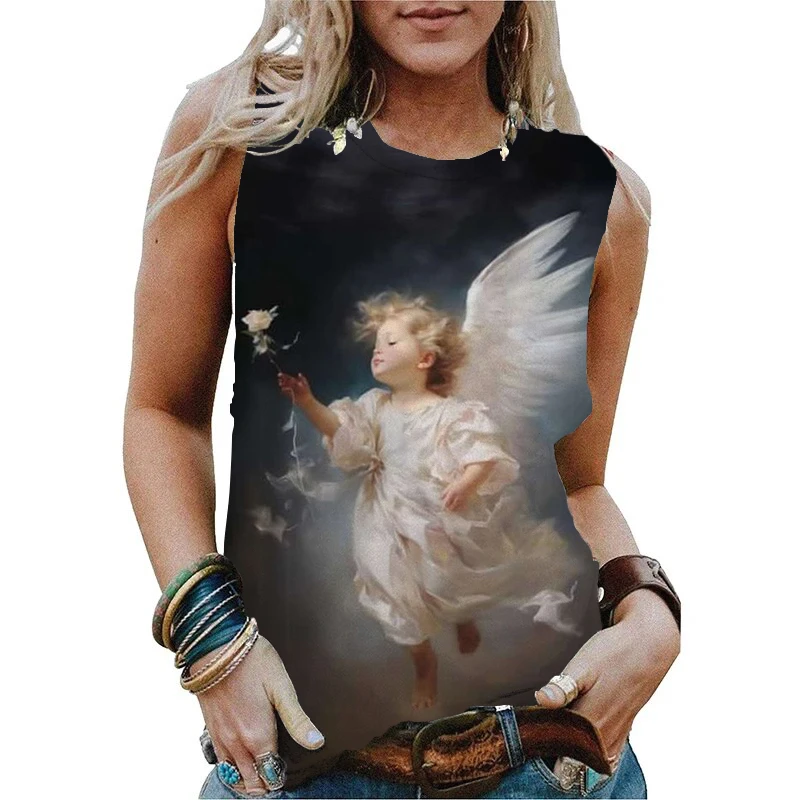 Fashion Summer Angel 3D Print Tank Tops Women Streetwear Casual Oversized O-Neck Vest Off Shoulder Sleeveless Woman Camisole