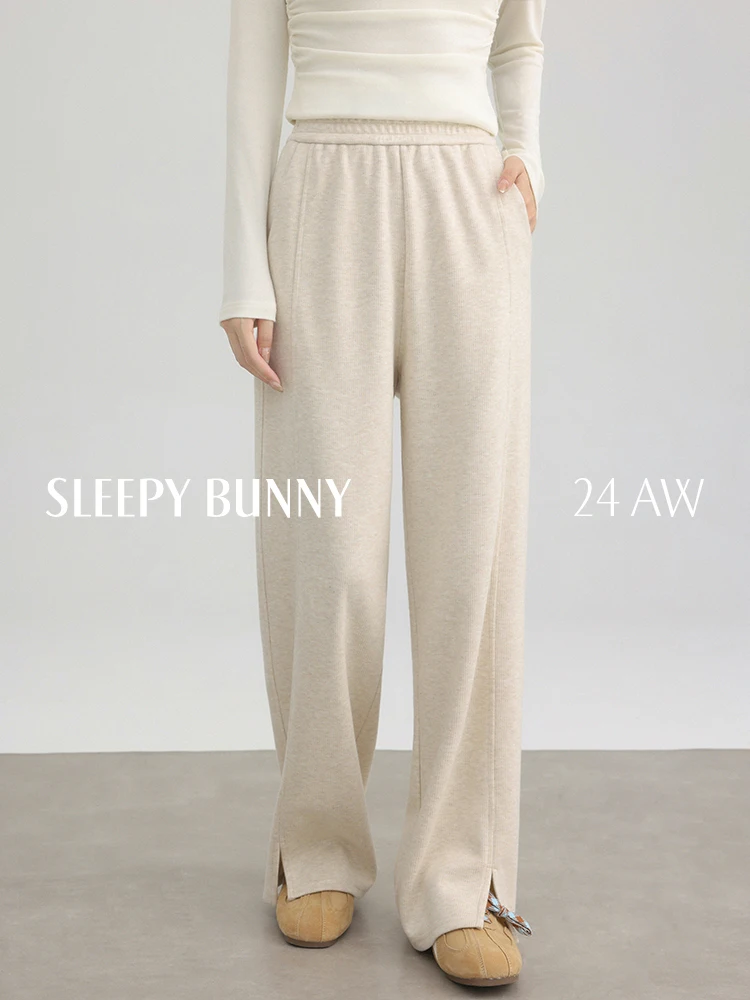 High Waist Knit Wide Leg Pants Brushed Straight Trousers Women Spring Casual Draped Bottoms Petite Slimming Relaxed Lazy Outfit