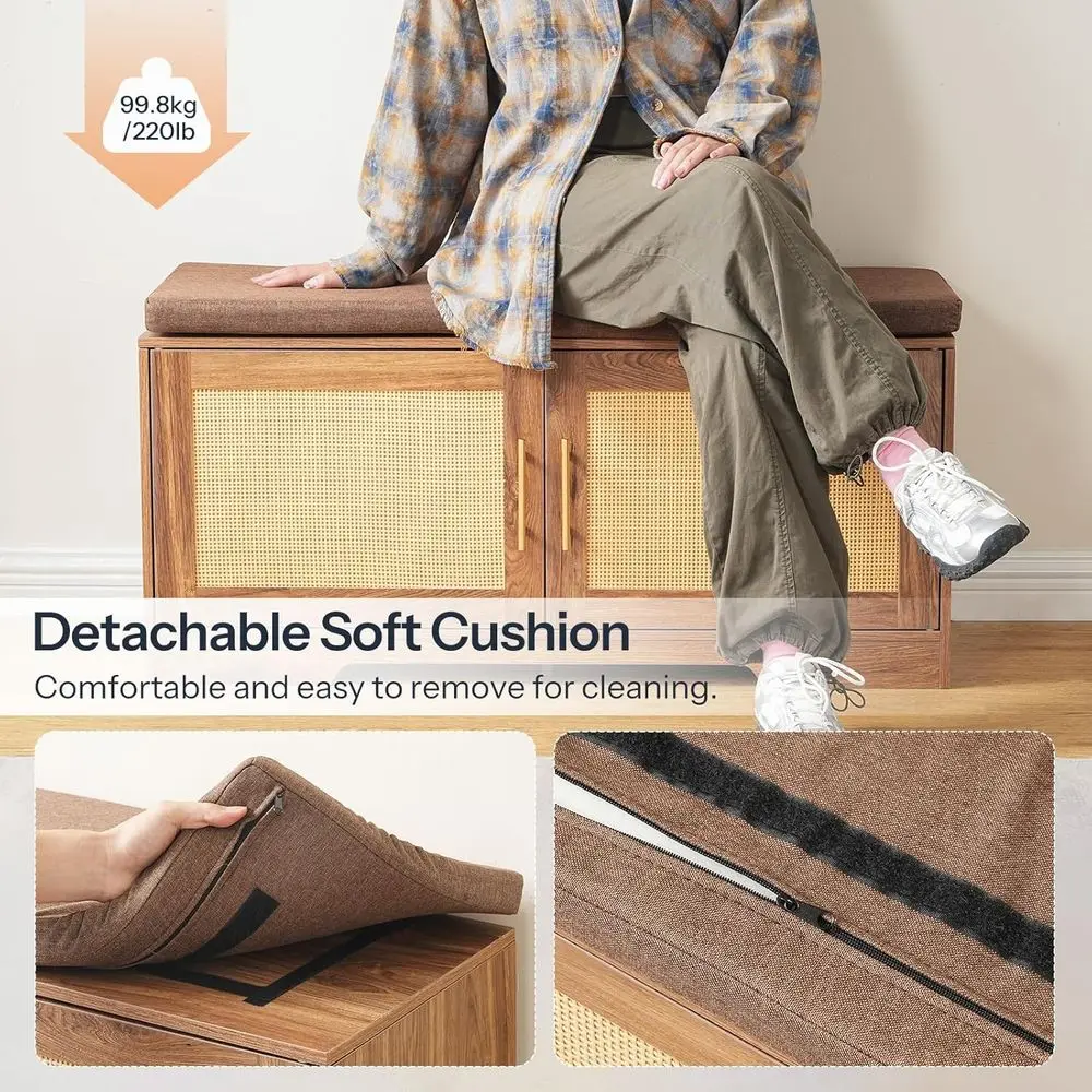Panca portascarpe in rattan con cuscino, organizer in legno a 2 ante, 39,2 L x 13,4 L x 18,9 A, ideale per ingresso e camere da letto