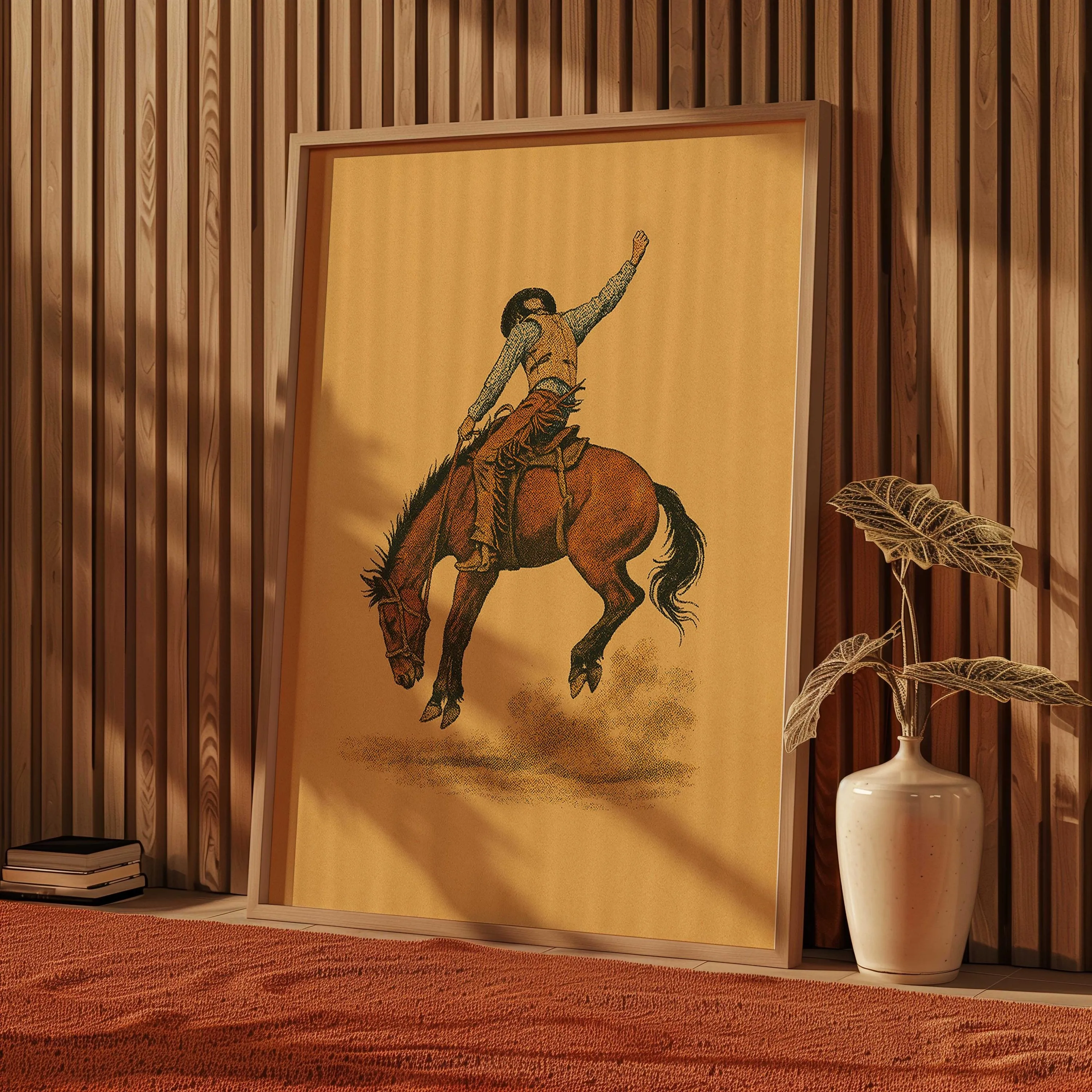 Vintage Cowboy Illustration Bucking Bronco Print Retro Rodeo Art Southwestern Boho Wall Art Riding Poster Horse Cowgirl Art