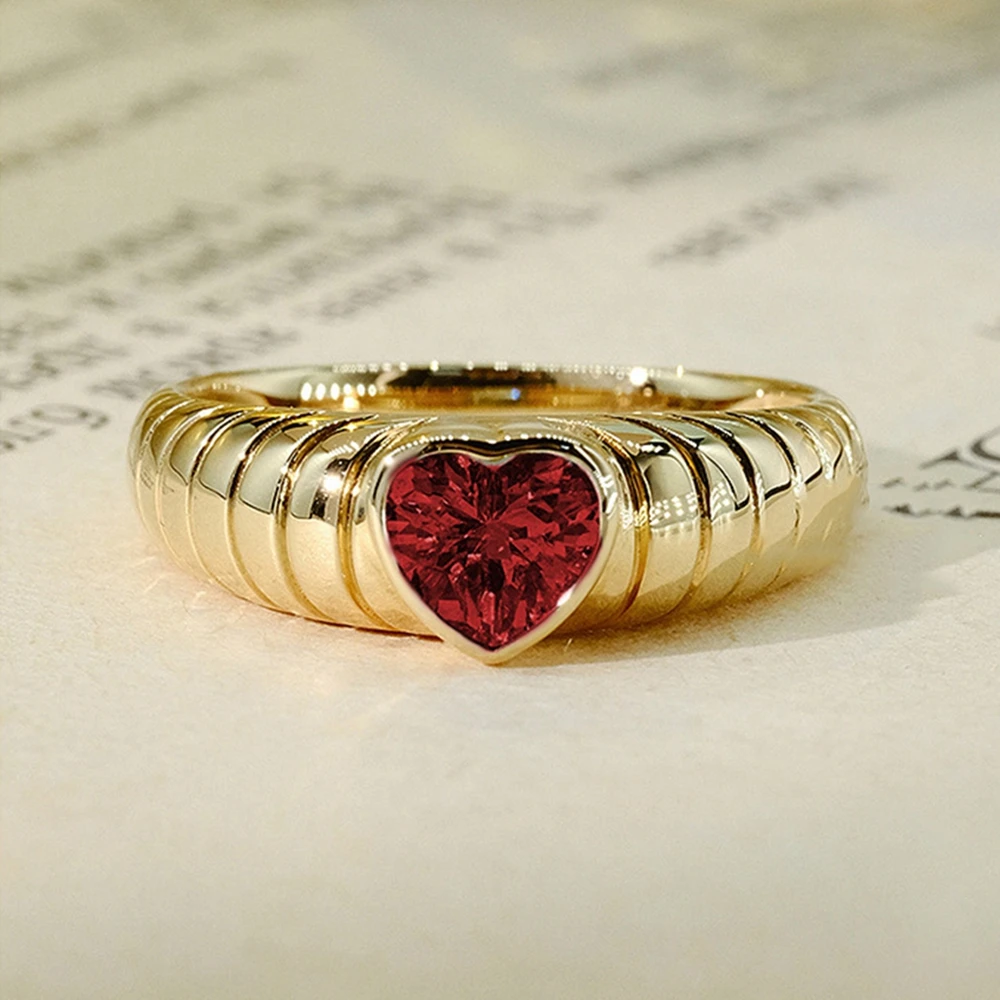 Vinregem Vintage Love Heart Cut 6*6 MM Aquamarine Ruby Gemstone 18K Gold Plated 925 Sterling Silver Ring for Women Jewelry Gifts