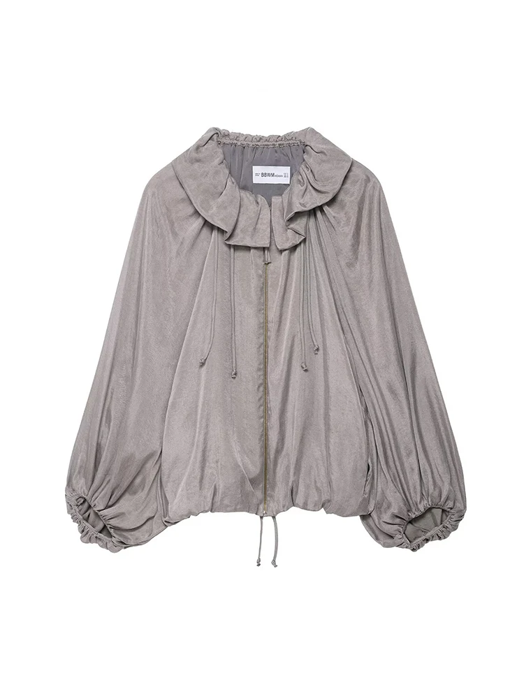 Damski zestaw: kurtka bomberka, spodnie, styl casual, rękaw latarnia, oversize, zapinana na zamek, vintage, jednolite, proste spodnie, jesień, cienki, streetwear