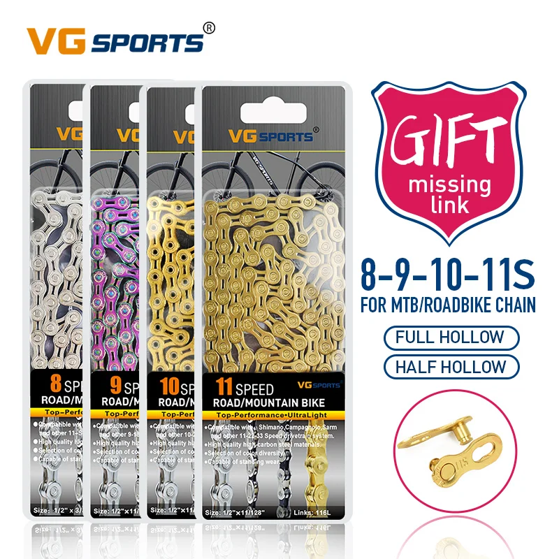 Peças Prateadas, 8 Velocidade, 10 Velocidade, 11 Velocidade, 12 Velocidade, 116L, 10 Velocidade, VG Sports-Ultraleve Metade e Total Corrente Oca de Bicicleta, Correntes de Bicicleta Mountain Road, 11 Velocidade