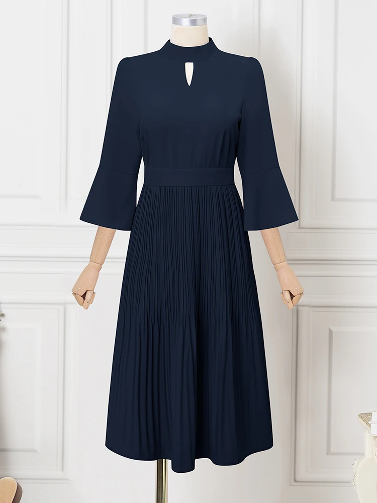 

2025 ZANZEA Elegant Women Office Lady Dress Stand Collar Hollow Out Midi Party Vestidos Fashion 3/4 Flare Sleeve Pleated Robe