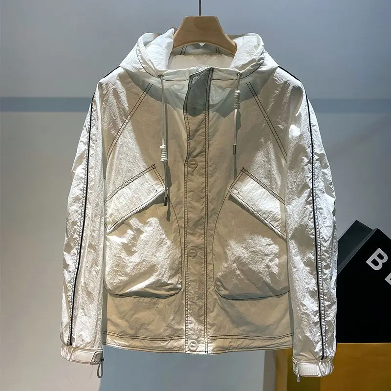 Blue Casual Men Spring Loose Hooded Sun Protection Thin Jacket