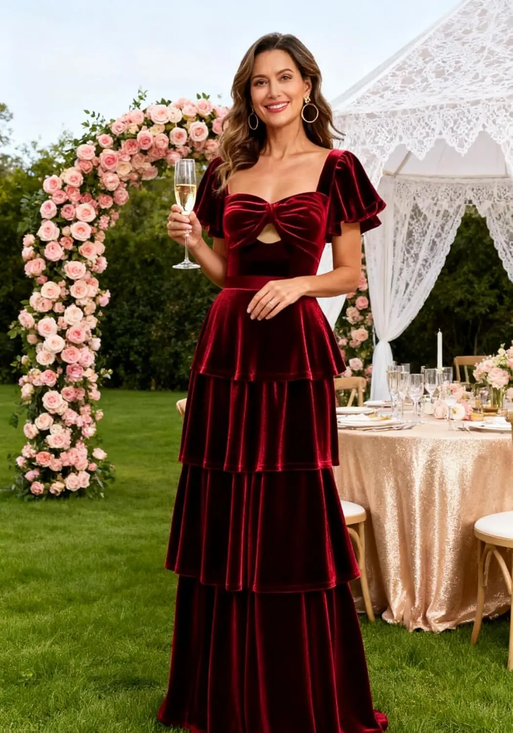 

Short Sleeves Velvet Pleated Cocktail Dresses for Women Long Cut Out Formal Evening Gown