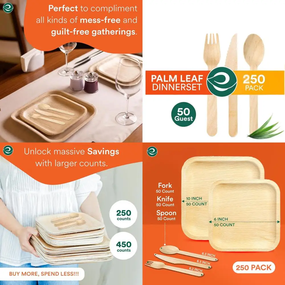 

Eco-Friendly Palm Leaf Dinnerware Set for 50 Guests: 250 Pieces Including 10 & 6 Plates, Cutlery | Ideal for Weddings, Parties,