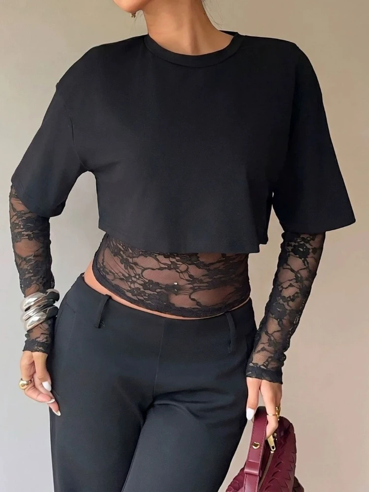 Summer Sweet Patchwork Lace Patch T-Shirt Solid Color Mesh Transparent Slim-Fit Crop Top Long Sleeve Fake Two T-shirts Party