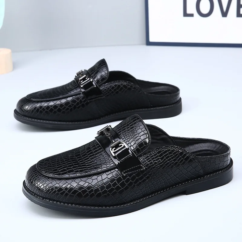 

Летние мужские кожаные шлепанцы с узором, повседневные уличные сандалии, стильные лоферы