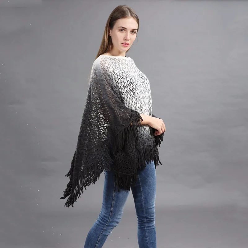 2024 Hot Sale Tassel Gradient Wave Pattern Women\'s Shawl Top Loose Plug Size Knitted Cape Ponchos Bat Sleeve Dropshipping