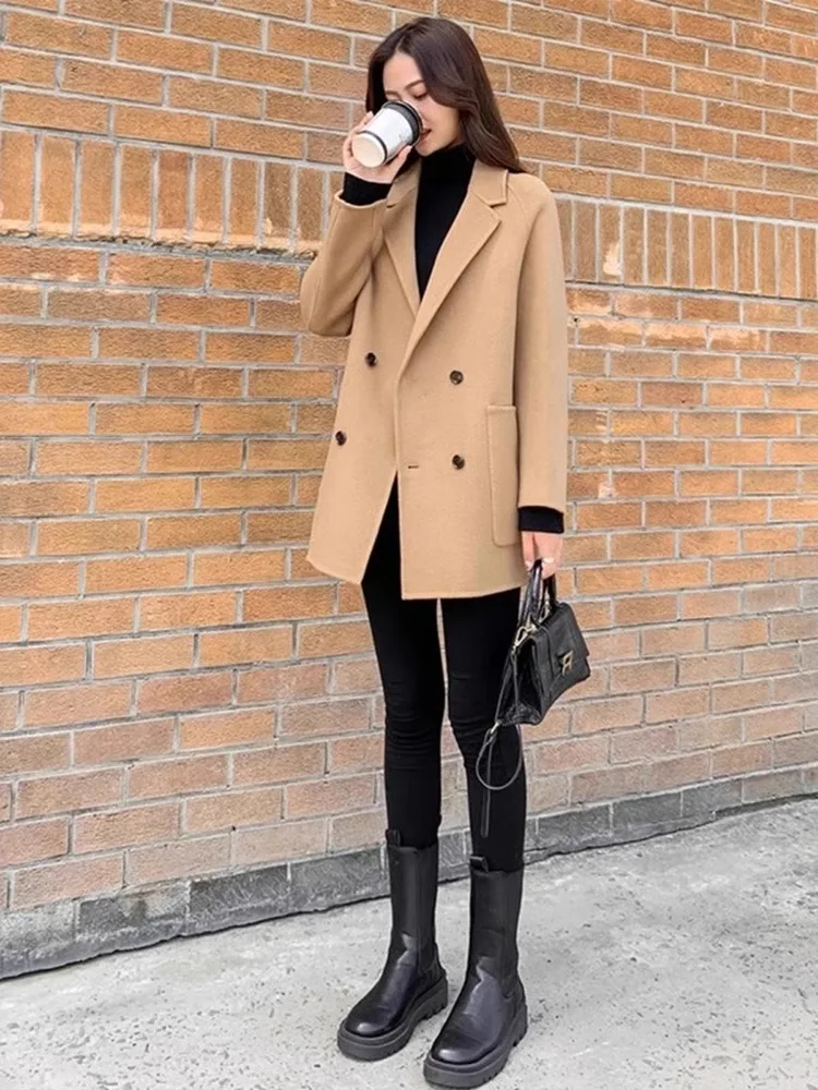 UNXX Black Blazer-style Wool Coat for Women Female Office Lady, Spring/Autumn, Plus-size Loose Hepburn-style High-end Wool Coat