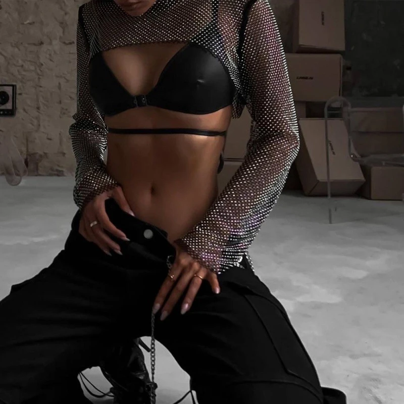 2000er Jahre Y2K Kleidung Schwarze Frauen Crop Top Neujahrskleidung T-Shirts Schöne Strass Nachtclubwear Schwarzes Bottoming Shirt T-Shirt – Detail 2