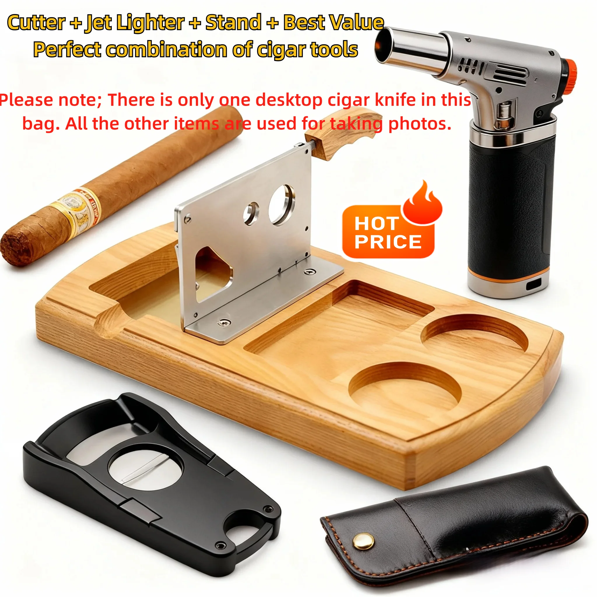 

Desktop Cigar Cutter, Double-Hole Design,Cigar Holder, Oak + Stainless Steel Prop, Men's Gift
