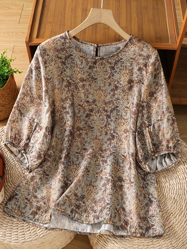 

Korean Japanese High End round Neck Short Sleeve Printed Top plus Size Artistic Fashionable Versatile Elegantly Designed T Shirt