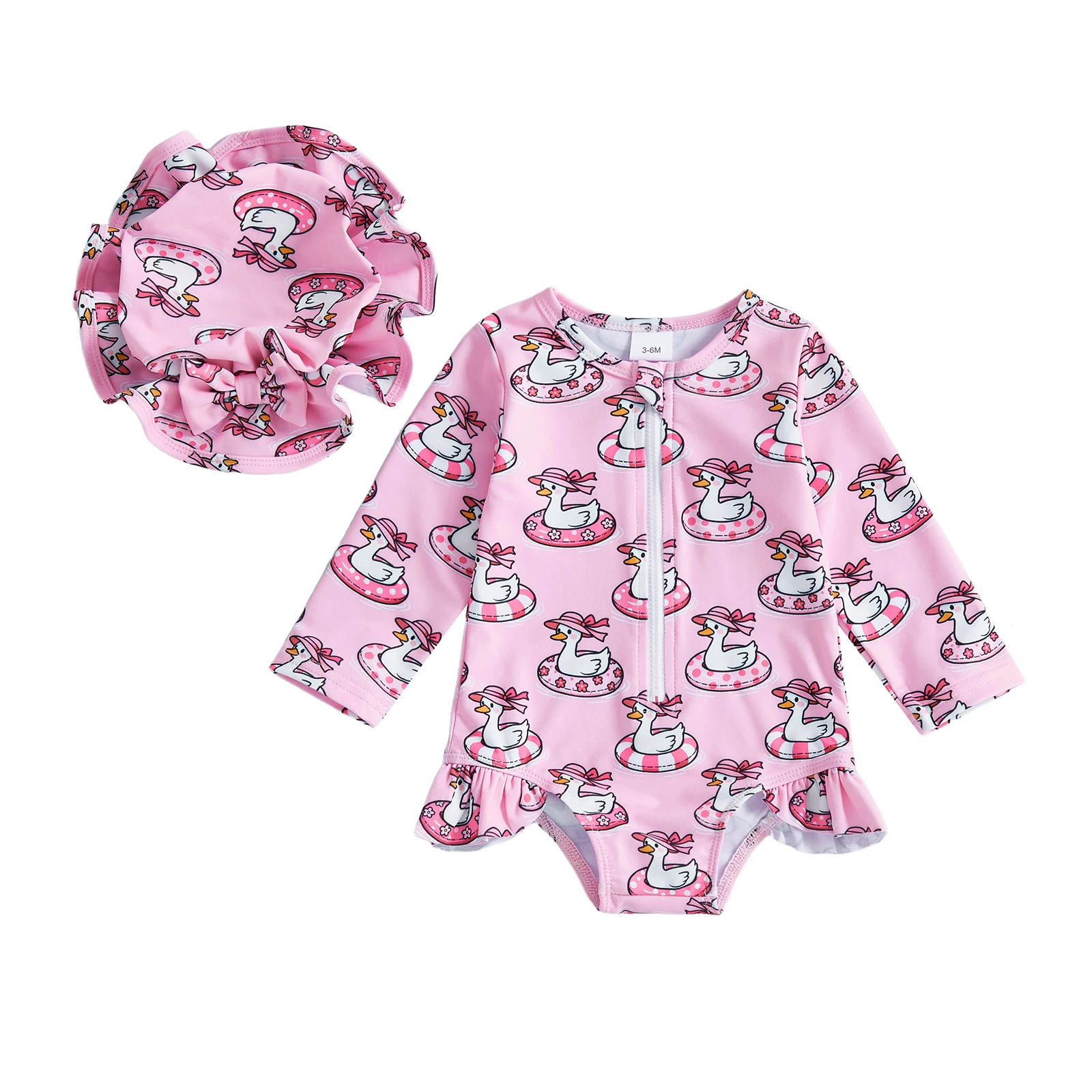

2Pcs Infant Girls Swimsuit Set Duck Shell Print Crew Neck Long Sleeve Zipper Rash Guard Swimwear and Sun Hat