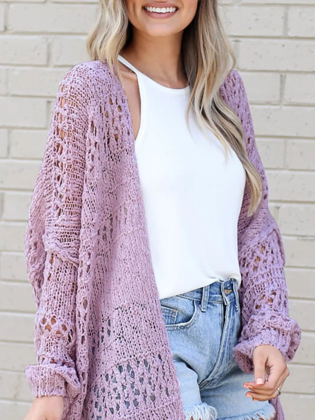 Long Sleeve Lightweight Crochet Cardigan Women Boho Solid Color Oversized Sweater Summer Beach Vacation Open Front Outerwears