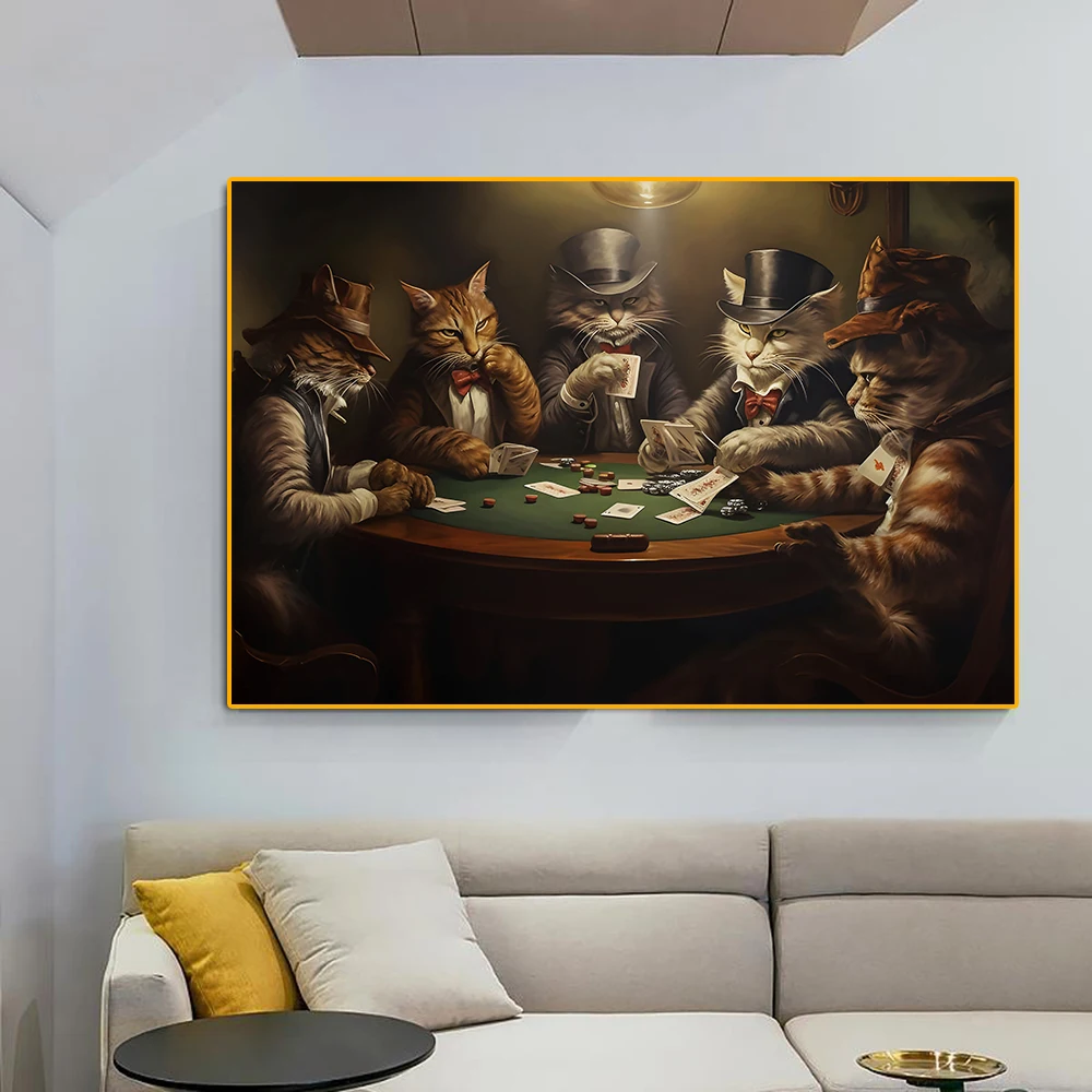 Cats Playing Poker Graffiti Canvas Painting Bar Casino Pet Wall Art Retro Animals Wear Suits Poster Club Gaming Room Home Decor