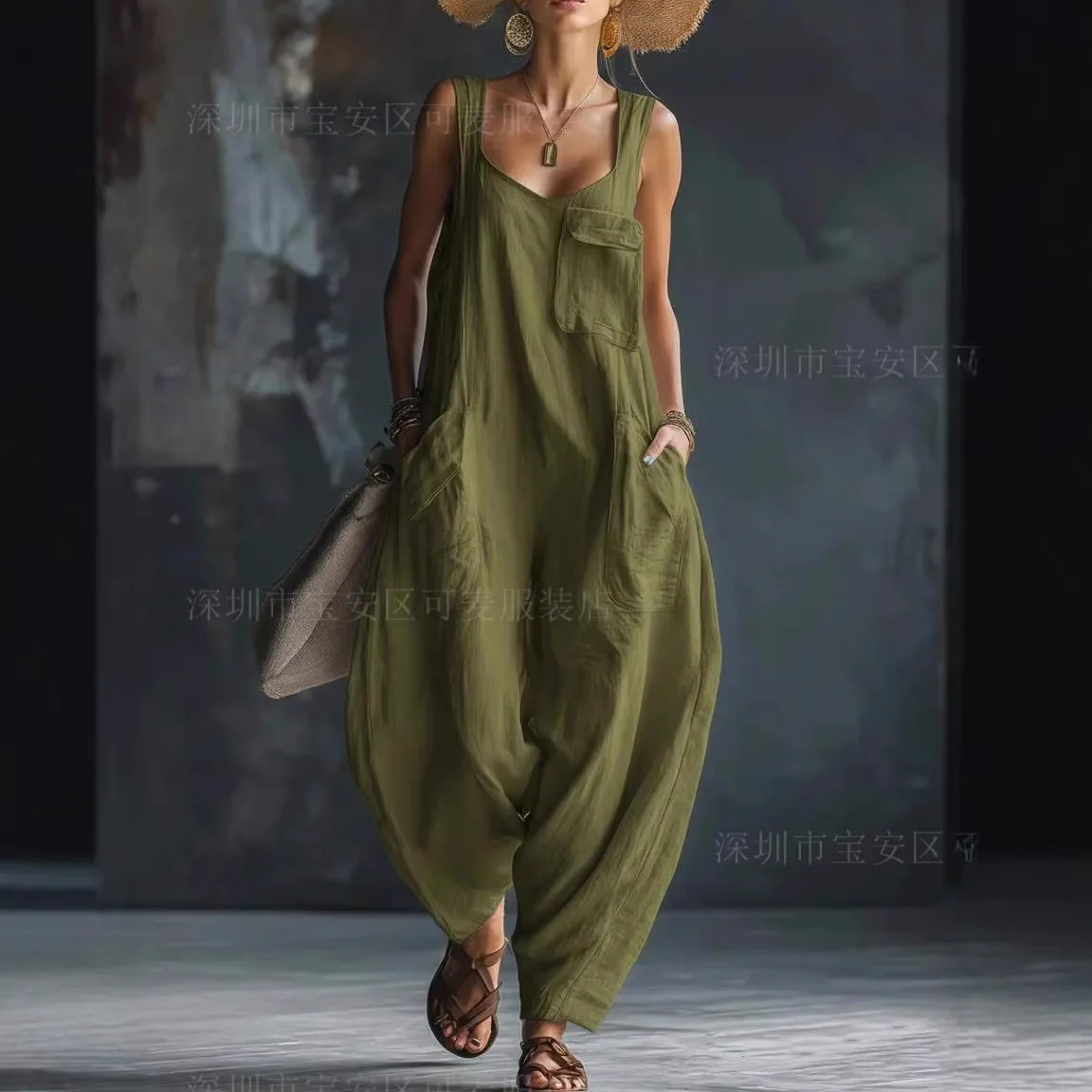 

Women's Jumpsuits Summer Solid Sleeveless Office Rompers Sleeveless High Waist One Piece Rompers Baggy Trousers Pocket Overalls