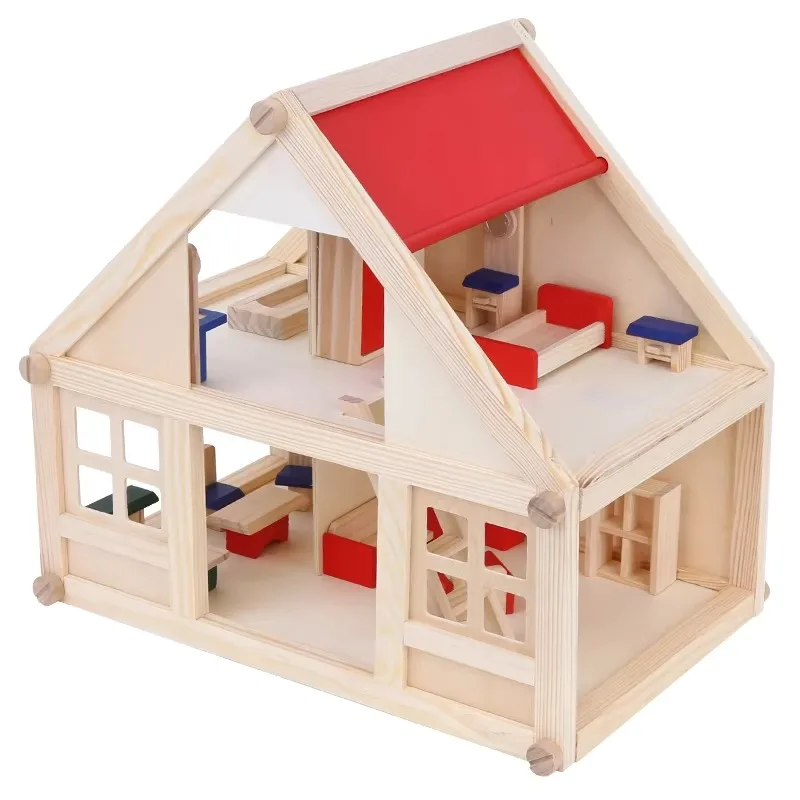 

Hot-selling wooden doll house with furnished educational toys, suitable for children's simulation scenarios