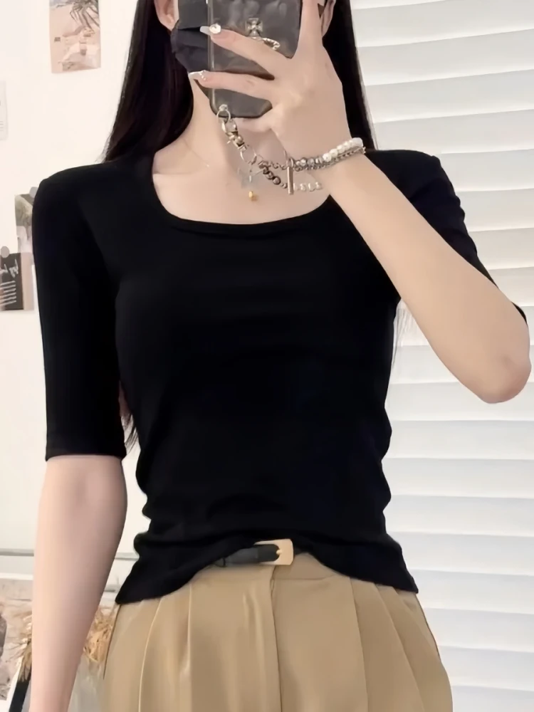 تي شيرت نسائي بياقة مربعة من القطن الخالص متوسط Sve U-Ne مقاس نحيف f Sve Base irt ملابس داخلية خمسة Sve #1