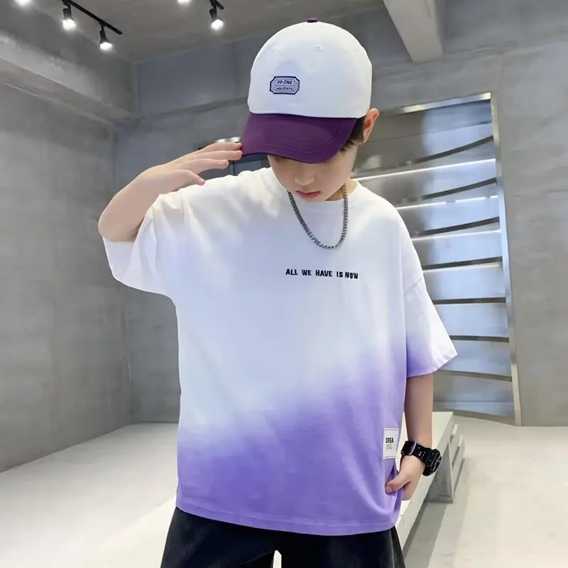 Summer Boy T-shirt Color blocking gradient sports top Water Washed Gradually Dyed Tees Breathable Top High Quality Kids Clothes