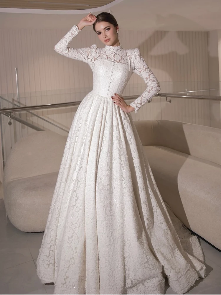 Robe de mariée Vintage à col haut, en Organza avec dentelle brodée, ligne a, longueur au sol, robe de bal, manches longues, personnalisée