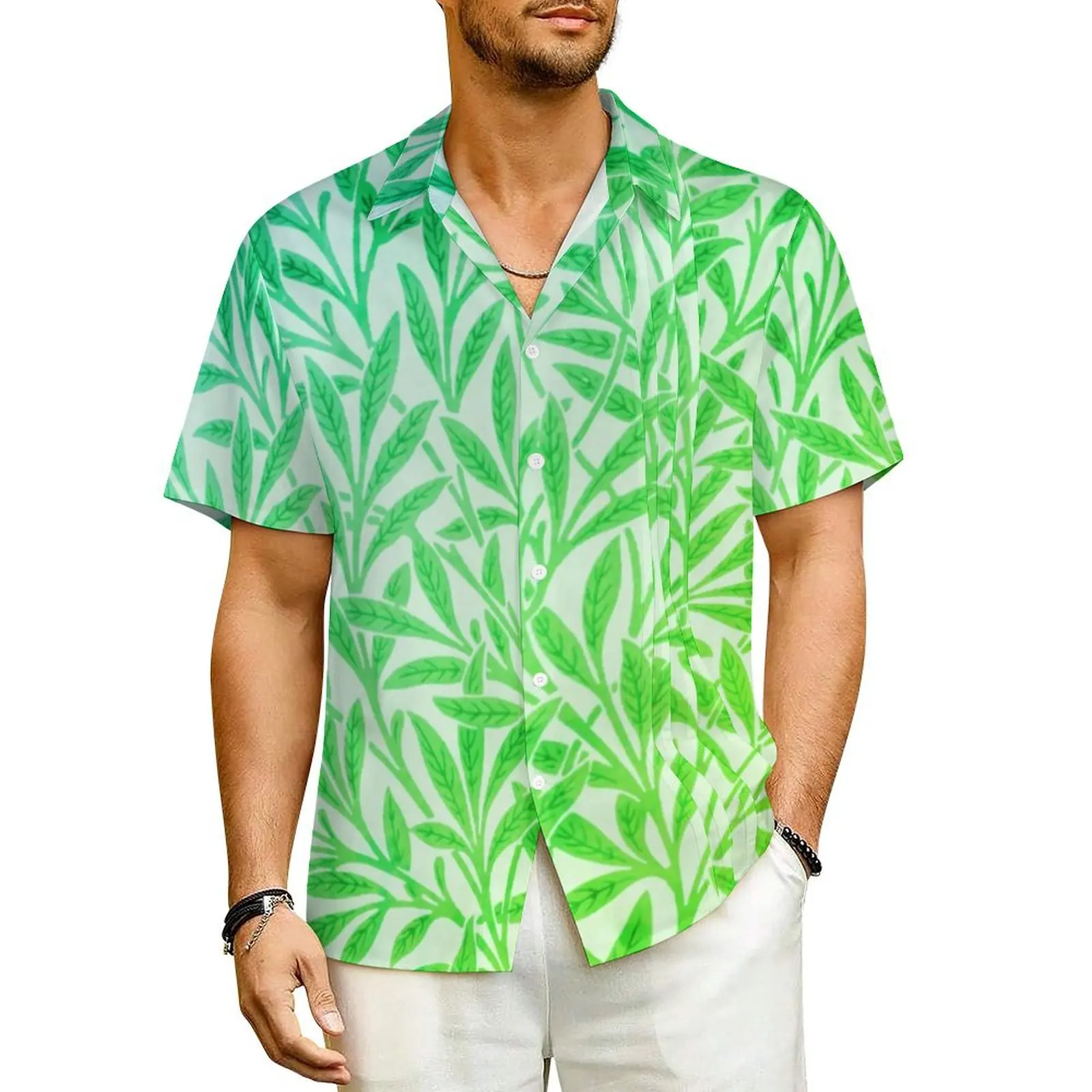 

Vintage Tropical Vacation Shirt Green Willow Leaves Hawaiian Casual Shirts Men Novelty Blouses Short Sleeve Stylish Pattern Tops