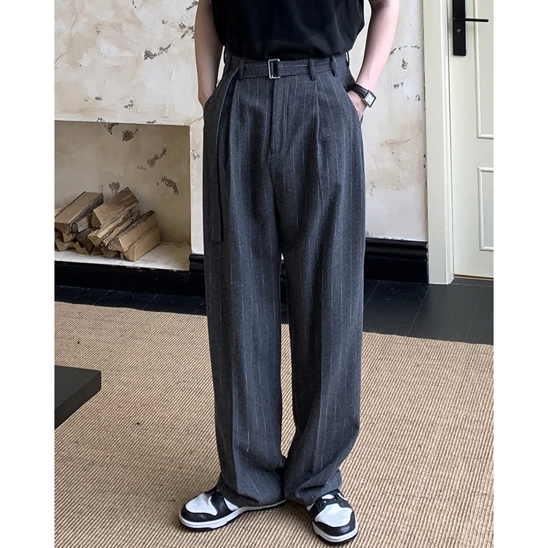 

50% Wool Stripe Suit Pant Men Autumn Winter Fashion Retro Loose Casual Wide Leg Thicken Suit Pant Office Man Commuter Trousers