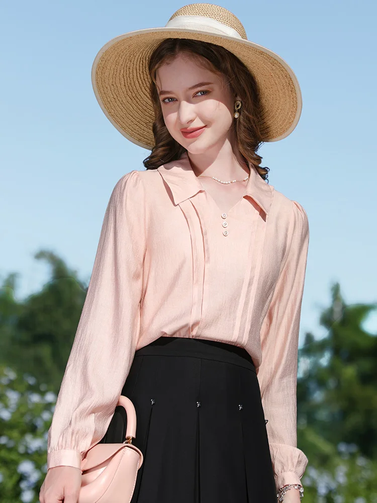 I BELIEVE YOU Pink Woman Shirt French V-neck Lantern Long Sleeves 2024 Spring New Chic Pretty Button Shirts & Blouses 2241055563