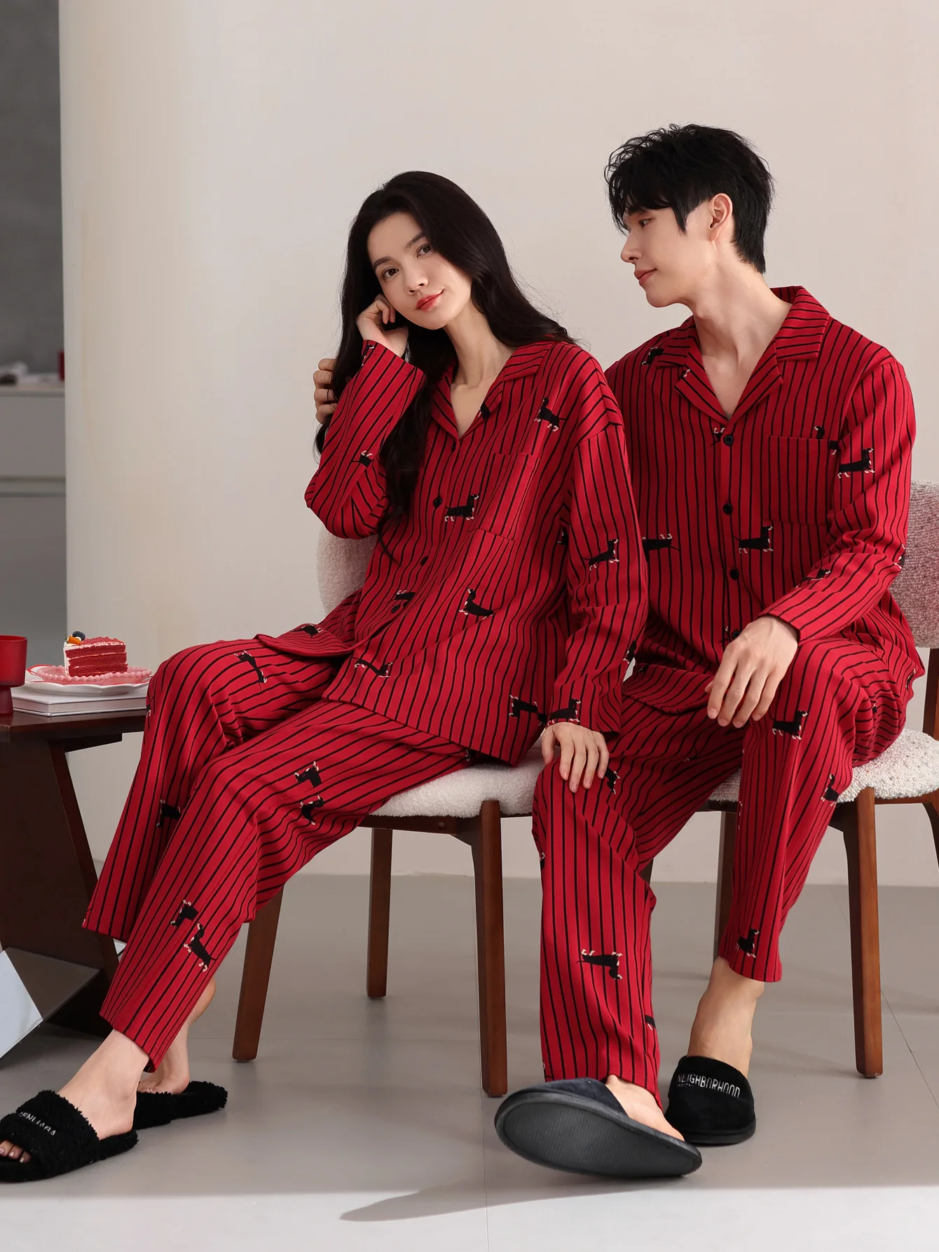 Set di indumenti da notte per coppia, pantaloni a maniche lunghe in cotone 100% da uomo o da donna, vestiti per la casa in puro cotone rosso da sposa, autunno e inverno