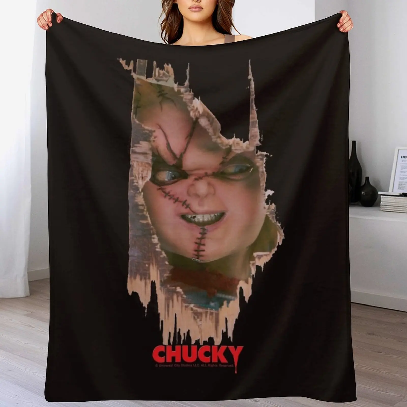 Child's Play Broken Door Here's Chucky Poster Throw Blanket Sleeping Bag Personalized Gift Luxury Blankets