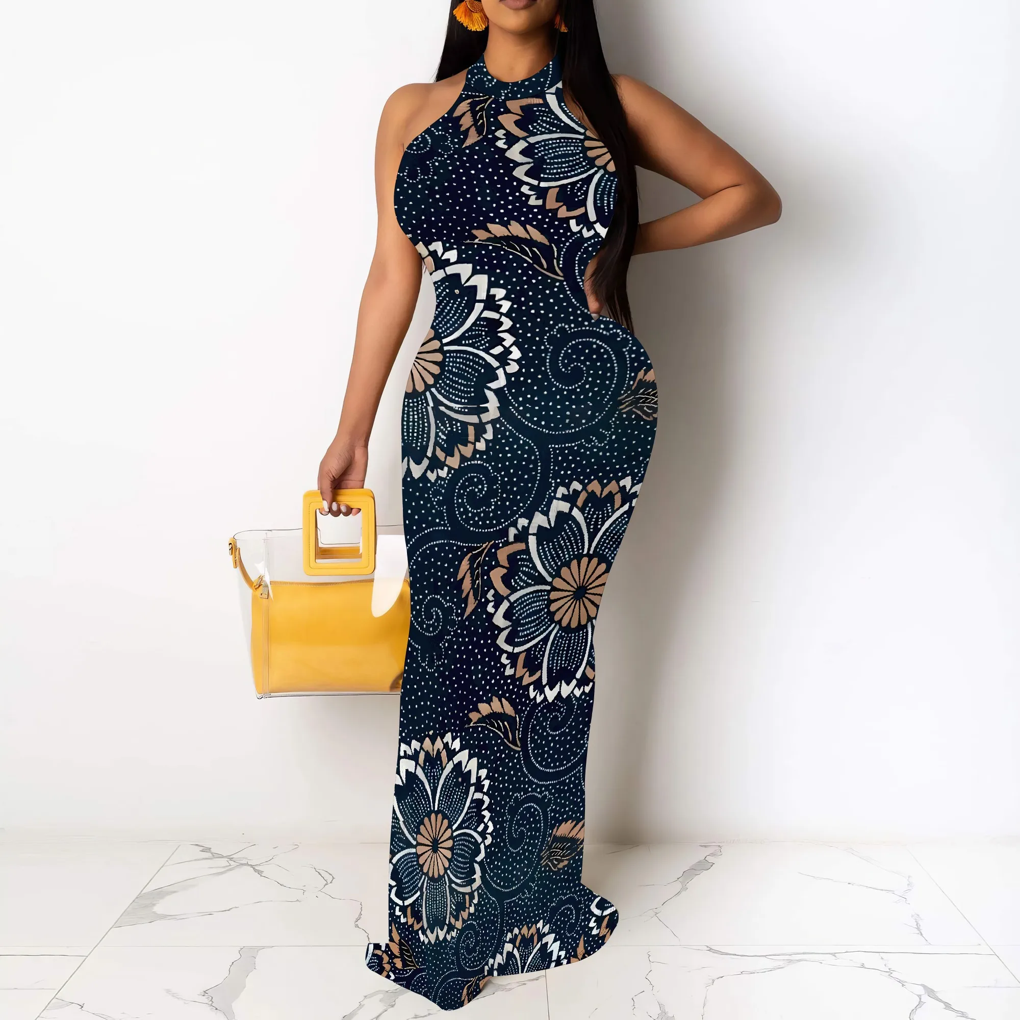 

Nupusa Floral & Dot Print Dress for Women Regular Size Summer Casual Halter Neck Sleeveless Maxi Dress