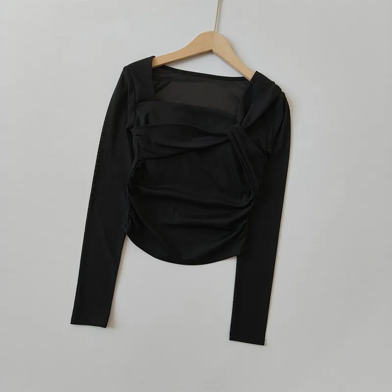 Damen Herbst-Winter Yoga Mesh Atmungsaktives Lauf-Sport-Langarm-Crop-Top mit Brustpolstern, Hochwertige Fitness-Oberteile – Detail 8