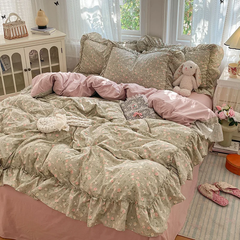 Ins Style Floral Lace Bed Sets French Romantic Printed Soft Bedding Set Skin-Friendly Cozy Bedroom Decoration for Four Seasons