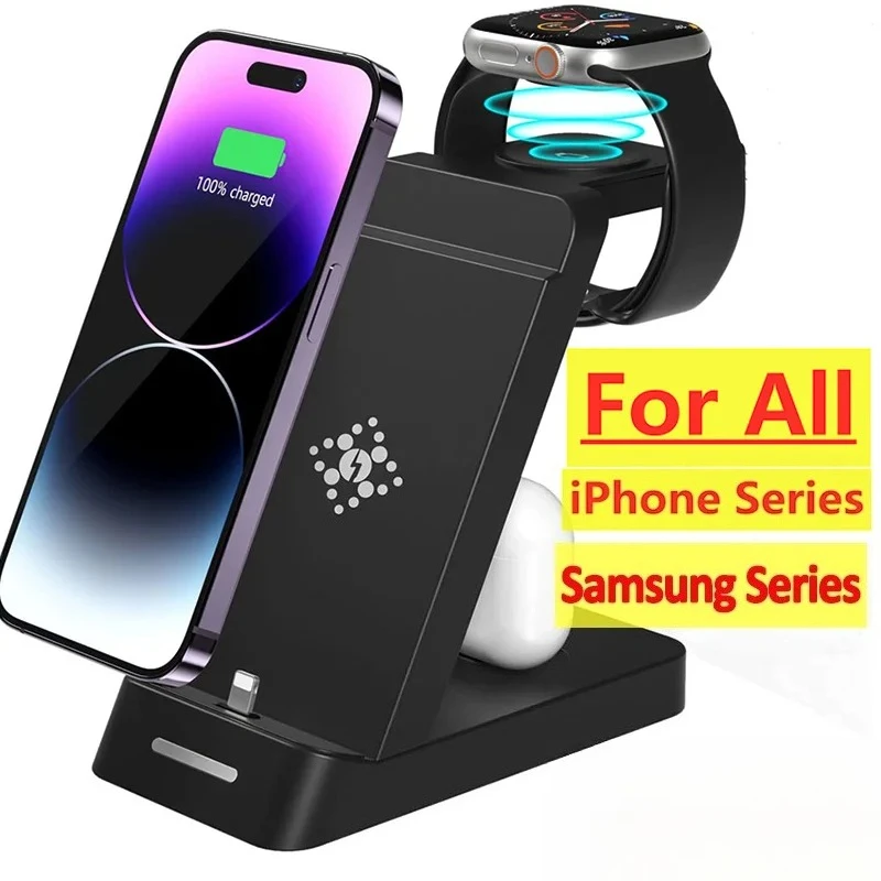 

Беспроводная зарядная станция 3-в-1 для iPhone 17, 16, 15, 14, Samsung S22, S21, Apple Watch, Galaxy Watch 6, 5, 4 – быстрая зарядка