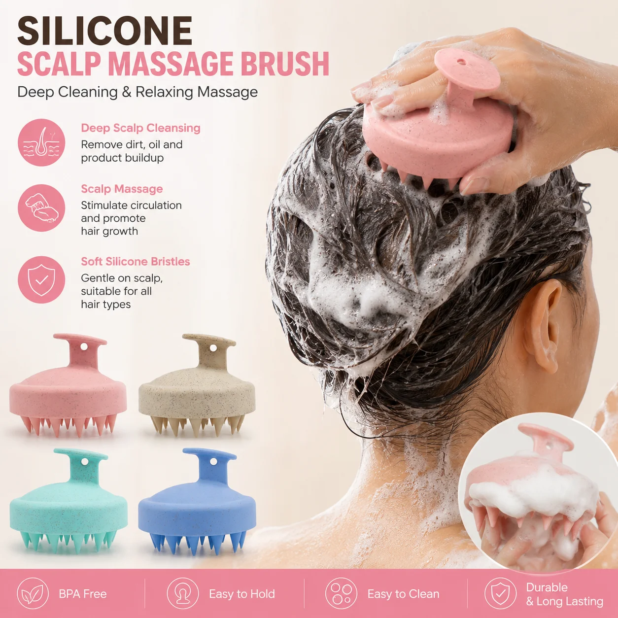Wheat Straw Shampoo Massage Brush Silicone Hair Comb Scalp Exfoliating Cleaning Massager for Bathroom Travel Household Hair Care Tool