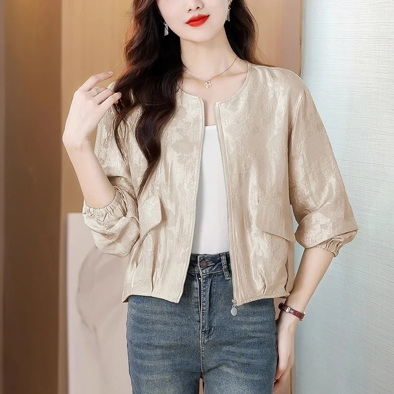 

Round Neck Zipper Outfit Design Jacquard Baseball Jacket Women's 2026 Spring Autumn New Style Casual Loose Short Coat w1668